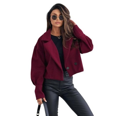 Womens Coat Wool Blend Cropped Coat Pea Coat Double Breasted Fashion Coat