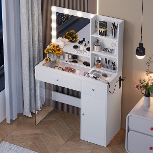 ACEPANO 35.4 in. W 2 Drawers Makeup Vanity Desk with Glass Top & Storage Shelves For Bedroom & Dressing Room-White - 1 of 4
