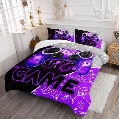 Acoinel Purple Game Console Comforter Bedding Set with 1 Quilt 2 Pillowcases, for Teens Men Girls Adults Bedroom