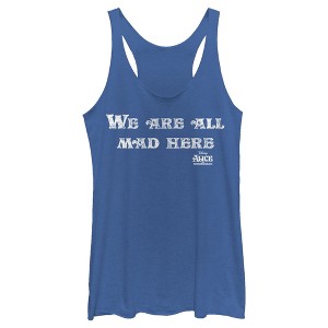 Women's Alice in Wonderland Distressed We Are All Mad Here Quote Racerback Tank Top - 1 of 4