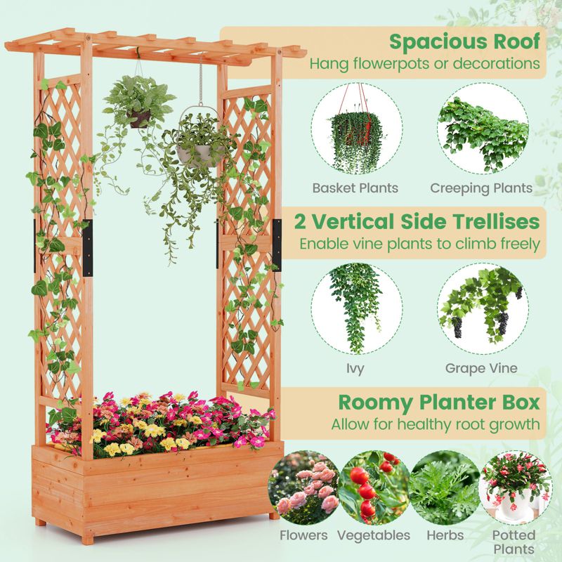 Tangkula 1pc/2pcs Raised Garden Bed with Trellis, Wood Elevated Garden Bed with Hanging Roof  Planter Box Outdoor Planting Bed for Garden Patio Yard, 5 of 10