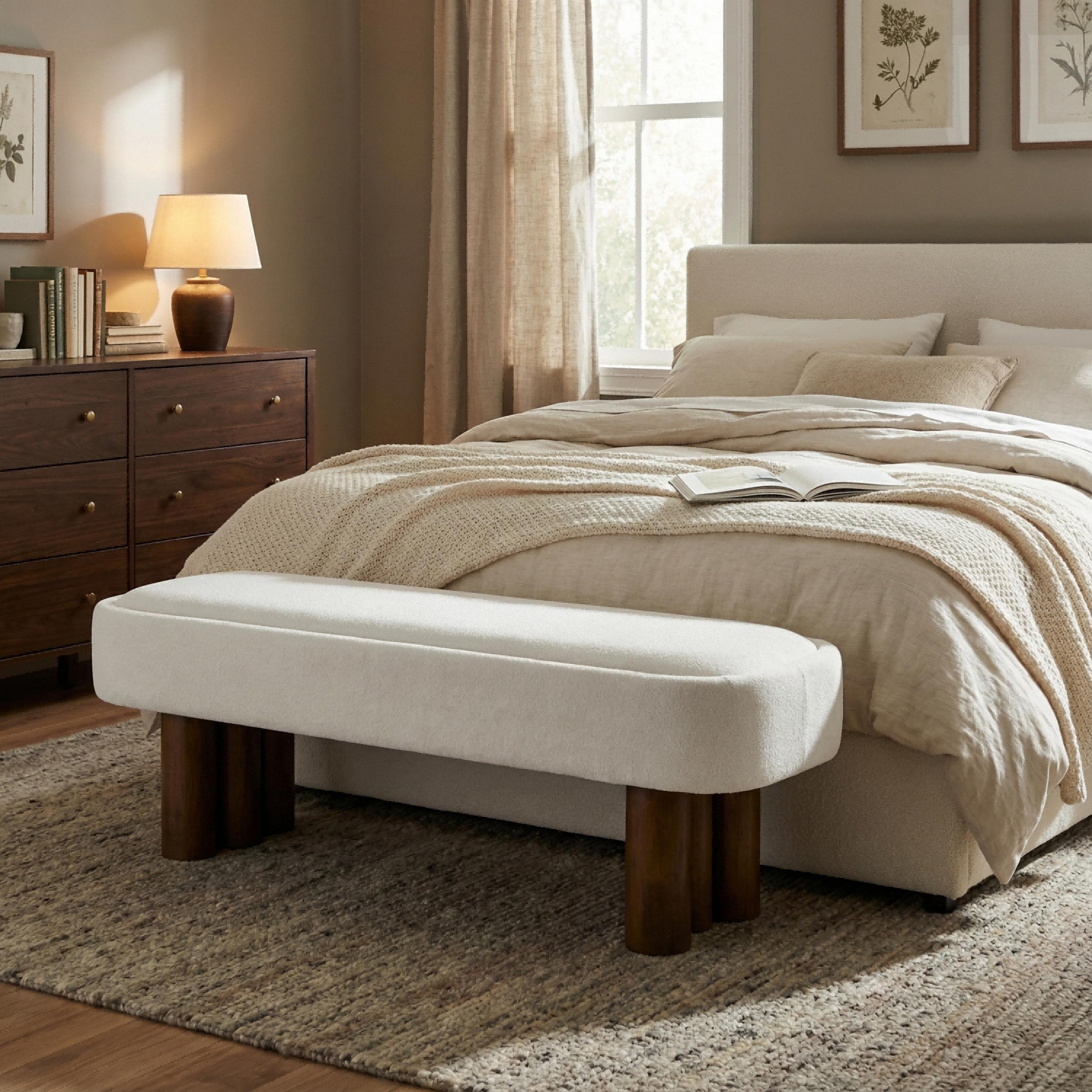 51.57'' Dining Bench Entryway Bench Upholstered Ottoman Bench End of Bed Bench with Rubber Wood Legs, Beige - ModernLuxe