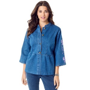 Roaman's Women's Plus Size Embroidered Button Front Peplum Denim Jacket - 1 of 3