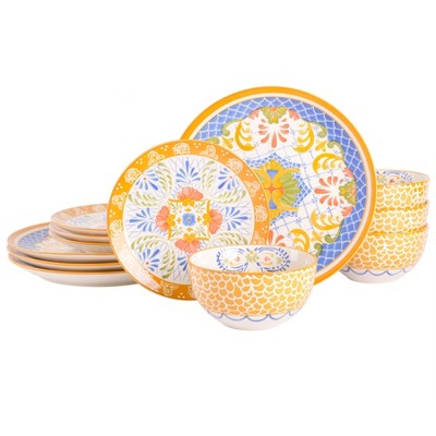 Laurie Gates 12pc Tierra Mosaic Hand Painted Stoneware Dinnerware Set - Orange/Blue