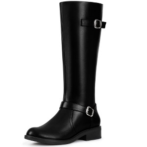 BLISSFUL STEP Buckle Chunky Low Heel Side Zipper Knee High Riding Boots for Women - 1 of 4