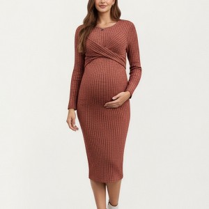 Anna-Kaci Women's Ribbed Knit Maternity Dress with Long Sleeves and Front Twist Detail for Stretch Comfort and a Smooth, Fit - 1 of 4