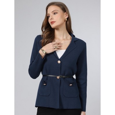 INSPIRE CHIC Women's Notched Lapel Long Sleeve Button Down Business Casual Knit Blazer with pockets Medium Navy Blue — фото 4