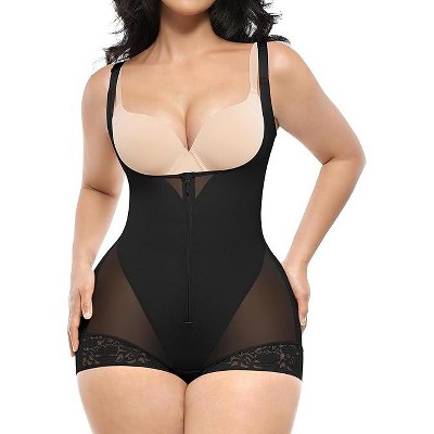 SHAPELLX Shapewear for Women Fajas Colombianas Tummy Control Body Shaper Open Bust Bodysuit with Hook Zipper Closure—Black 38