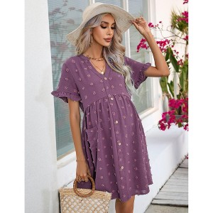 Womens Maternity Dress V Neck Lantern Sleeve Jacquard Dot Pocket Babydoll Baby Shower Dress - 1 of 4