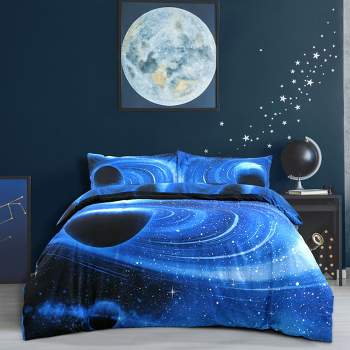 PiccoCasa Polyester Galaxy Sky Cosmos Night Pattern 3D Printed Duvet Cover Set with 2 Pillowcases 3 Pcs Queen Royal Blue
