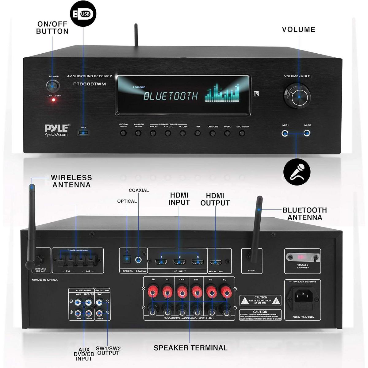 5.2-Channel Surround Sound Receiver for Streaming with 4K Ultra HD Support, Bluetooth Compatible, Enhanced Audio Experience - thumbnail 2