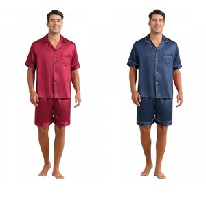 INSPIRE CHIC Men's 2 Pack Satin Pajamas Set Classic Short Sleeve Loungewear - 1 of 4