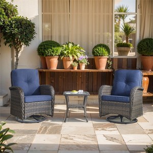 POCASSY 3PCS Outdoor Swivel Rocking Chairs Set of 2 with Rattan Side Table, Patio Brown Wicker Patio Fruniture Set Patio Swivel Rockers in Gray - 1 of 4