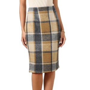 INSPIRE CHIC Women's Plaid High Waisted Casual Back Slit Elegant Bodycon Midi Skirts - 1 of 4