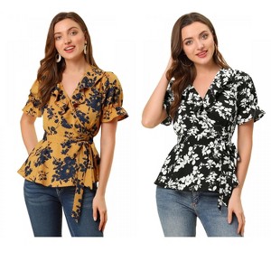 INSPIRE CHIC Women's Floral V Neck Tie Waist Belted Ruffle Wrap Shirt 2 Pcs - 1 of 4