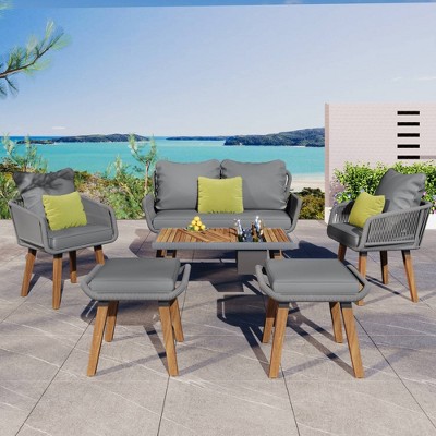 Nestfair 6pc Metal Frame Rope Patio Set with Wood Cool Bar Table and 2 Stools and Cushions Gray