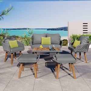 Nestfair 6pc Metal Frame Rope Patio Set with Wood Cool Bar Table and 2 Stools and Cushions Gray - 1 of 4