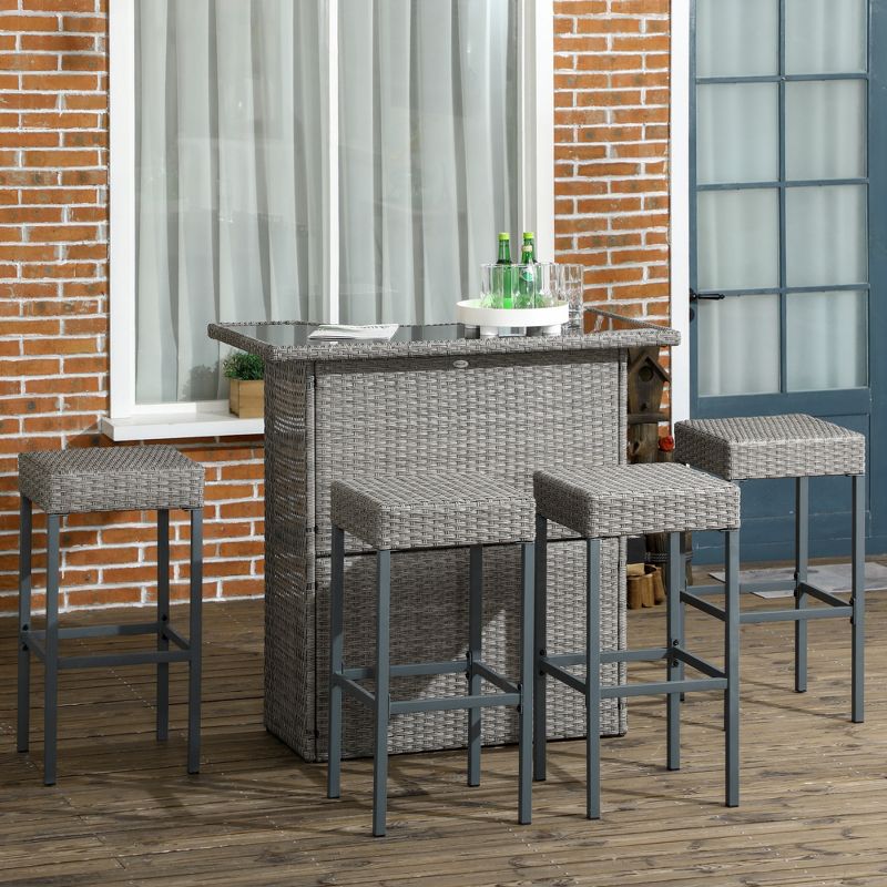 Outsunny 5 Pcs Rattan Wicker Bar Set, High Top Outdoor Table and Chairs with Glass Top, Storage Shelf, and 4 Bar Stools for Poolside, 2 of 7