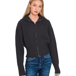 I am a Fashion Junky Zenana Ribbed Collared Zip Up Sweater Cardigan - 1 of 3