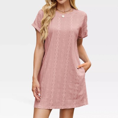 Womens Crew Neck T Shirt Dress Summer Eyelet Embroidery Shift Dress A Line Lounge Dress V Neck Solid Short Sleeve Casual Mini Dress