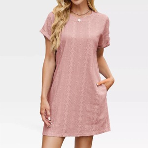 Womens Crew Neck T Shirt Dress Summer Eyelet Embroidery Shift Dress A Line Lounge Dress V Neck Solid Short Sleeve Casual Mini Dress - 1 of 4