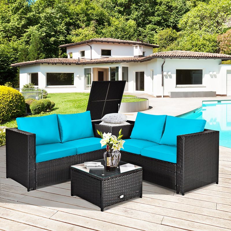 Costway 8PCS Outdoor Patio Rattan Furniture Set Cushioned Loveseat Storage Table Red\Navy, 3 of 11