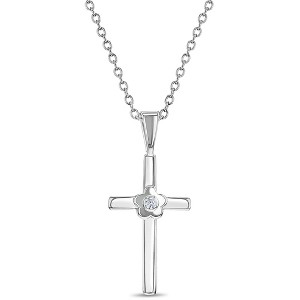 Girls' Flower CZ Cross Sterling Silver Necklace - In Season Jewelry - 1 of 4