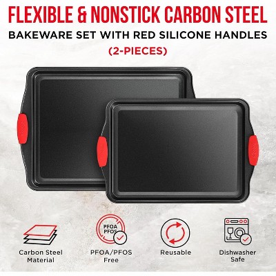 Nonstick Carbon Steel Cookie Sheet Pan Set with Red Silicone Handles