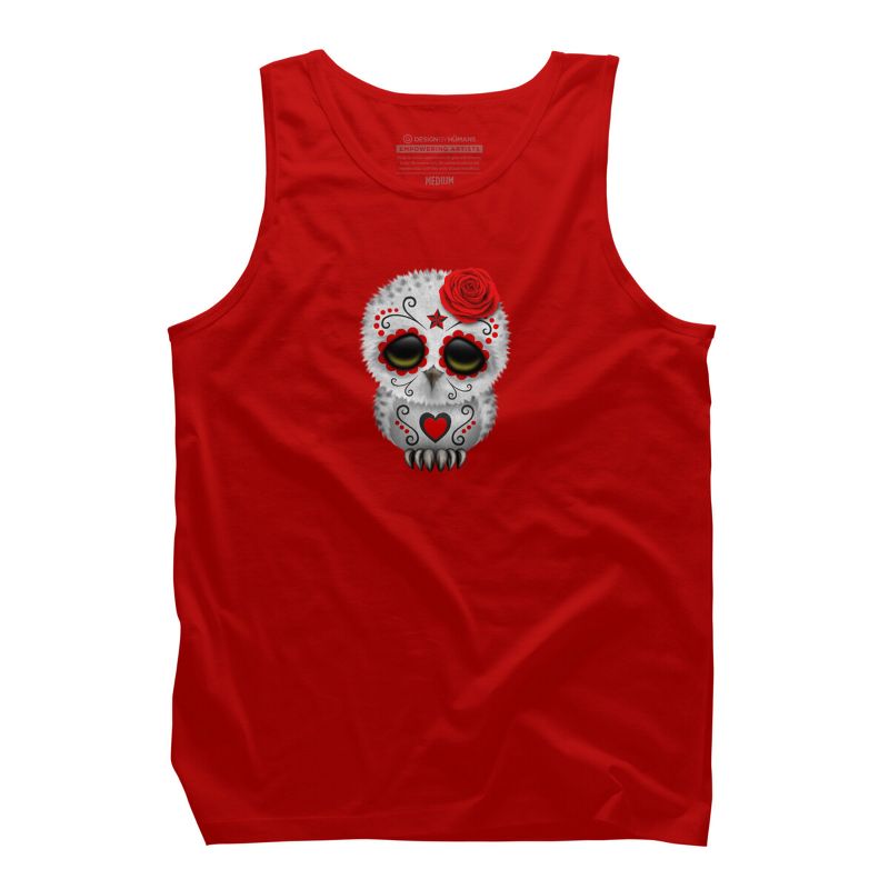 Men's Design By Humans Cute Red Day of the Dead Sugar Skull Owl By jeffbartels Tank Top, 1 of 4