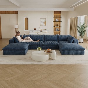 157.6" White Corduroy Fabric DIY Combination Cloud Sofa Deep Seat Couches with 2 Ottomans Double-layer design Removable Cushion No Assembly - 1 of 4