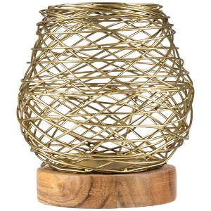 Northlight Small Woven Iron Votive Candle Holder with Wooden Base - 6.25" - Brass Finish - 1 of 4