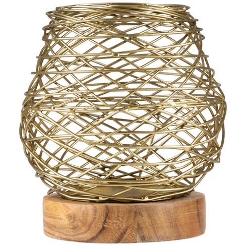 Northlight Small Woven Iron Votive Candle Holder with Wooden Base - 6.25" - Brass Finish - image 1 of 4