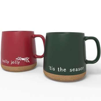 American Atelier Christmas Coffee Mug Set with Cork Bottoms, Fine Stoneware, Set of 2 in Red & Green, 15 Oz