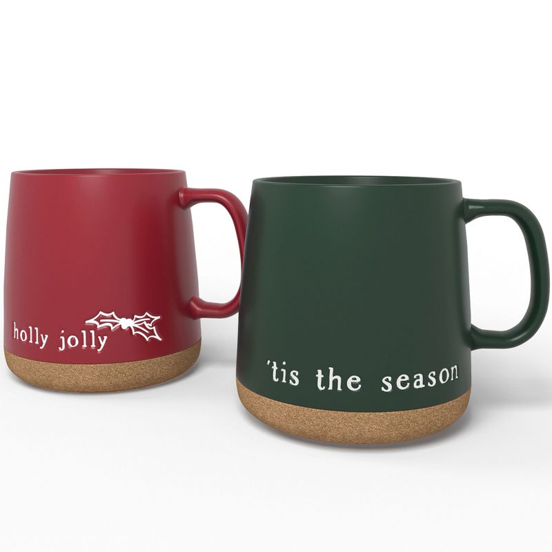 American Atelier Christmas Coffee Mug Set with Cork Bottoms, Fine Stoneware, Set of 2 in Red & Green, 15 Oz, 1 of 9