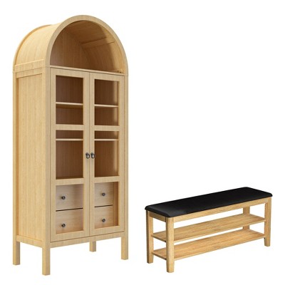 72" H Modern Farmhouse Auto Sensor Light Arched Cabinet with Shoe Rack Bench