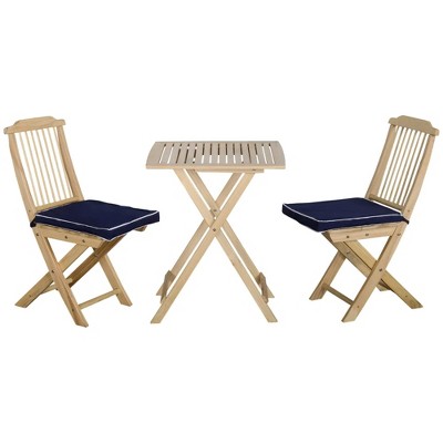 Resenkos 3 Piecess Patio Folding Bistro Set, A Table And Two Chairs, Cushion, Fir Wood Seat, Dark Blue