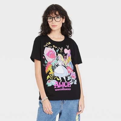 Women&#39;s Alice In Wonderland with Flowers Short Sleeve Graphic T-Shirt - Black S