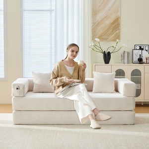 CAVINAS Modern Folding Chenille Futon Sofa Bed with Removable Foam & Pillows,Convertible Floor Sofa Couch for Living Room,Bedroom - 1 of 4