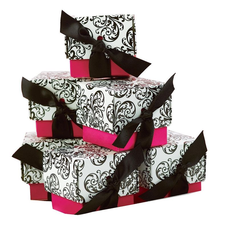 Paper Frenzy Fuchsia Filigree 2-Piece Party Favor Boxes with Black Ribbons, 2x2x2 (25 pack), 1 of 2