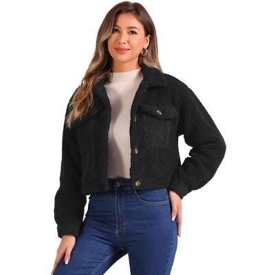 Allegra K Women's Lapel Faux Fur Button Down Long Sleeve Casual Short Jackets