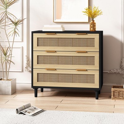 Rattan 3 Drawer Dresser for Bedroom,Wooden Storage Chest with Storage,Wide Closet Dresser Storage Organizer for Bedroom Living Room Hallway Entryway