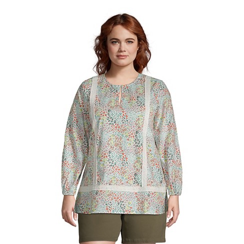 Lands' End Women's Plus Size Cotton Long Sleeve Split Neck Tunic