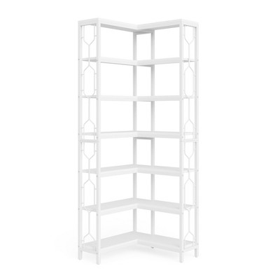 Lirago White Particle Board and Metal 7-Tier Corner Bookshelf 23.6x23.6x78.7 Inch Industrial Style Storage Rack