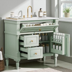 Mshliw 36" Freestanding Bathroom Vanity with Ceramic Sink, Flip Drawer, 2 Storage Drawers & Adjustable Shelf, Solid Rubberwood Frame - 1 of 4