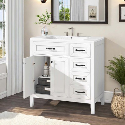 NicBex 35.9" Bathroom Storage Cabinet with Sink, Bathroom Vanity, 3 Drawers and 1 Spacious Cabinet for Bathroom, White