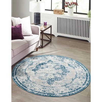 Reversible Round Blue and Light Blue Medallion Synthetic Rug