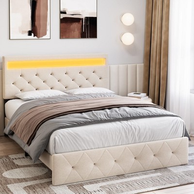 Full Size Bed Frame with Charging Station and LED Lights, Upholstered Bed Frame with Adjustable Headboard