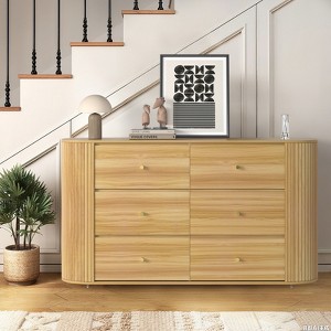 CuisinSmart 6 Drawer Wooden Dresser with 2 Curved Profile Sliding Doors, 60" Fluted Dresser Mid Century Dresser for Entryway Hallway, Oak - 1 of 4