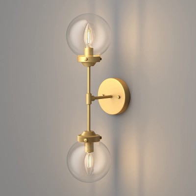 Runesay Gold Wall Sconces 2 Light Industrial Gold Wall Light Fixture Vintage Style Clear Glass Globe Gold Bathroom Light Fixtures