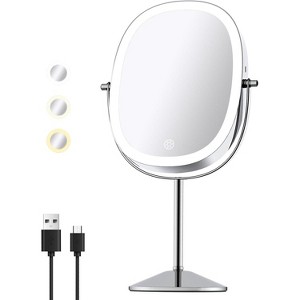FUNTOUCH Oval Lighted Makeup Mirror with 1X/7X Magnification 3 Color Lights Dimmable Rechargeable 360°Rotation,2-Sided - 1 of 4